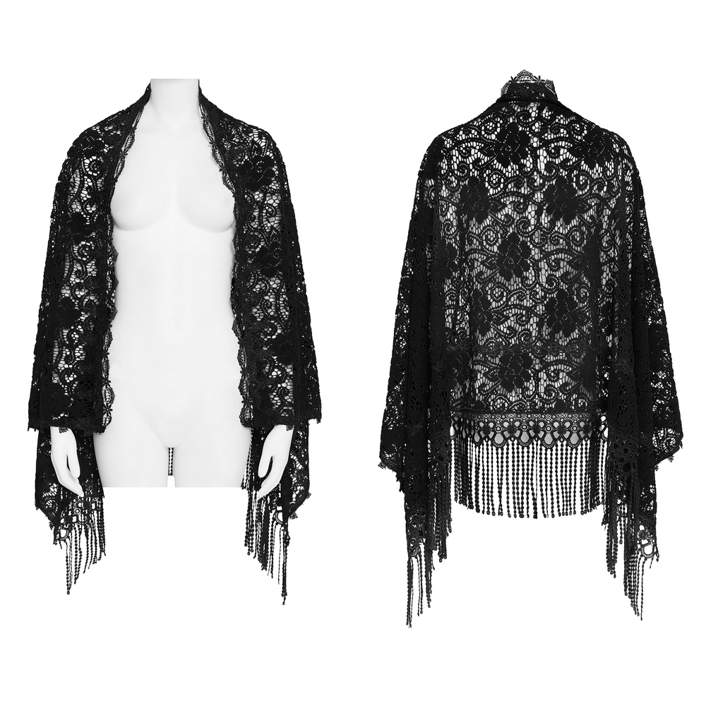 Black Lace Shawl with Fringed Hem for Gothic and Boho Style displayed on a mannequin, showcasing intricate lace and beaded fringe.