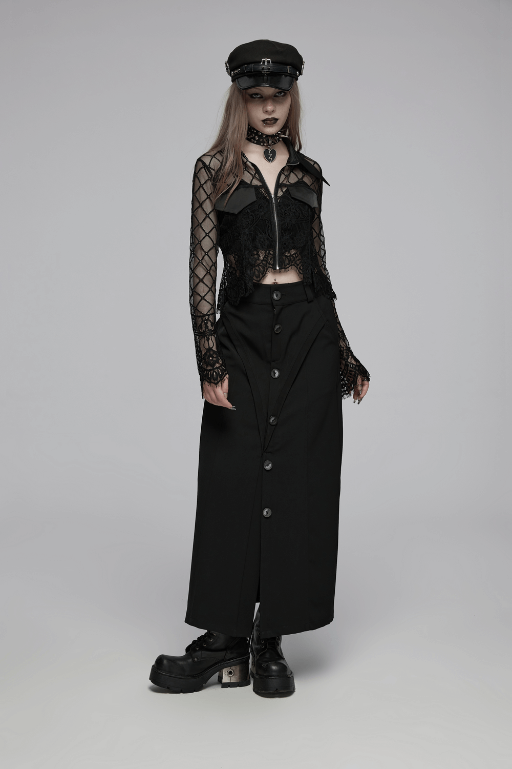 Black Lace Shirt with Stand Collar and Bell Sleeves