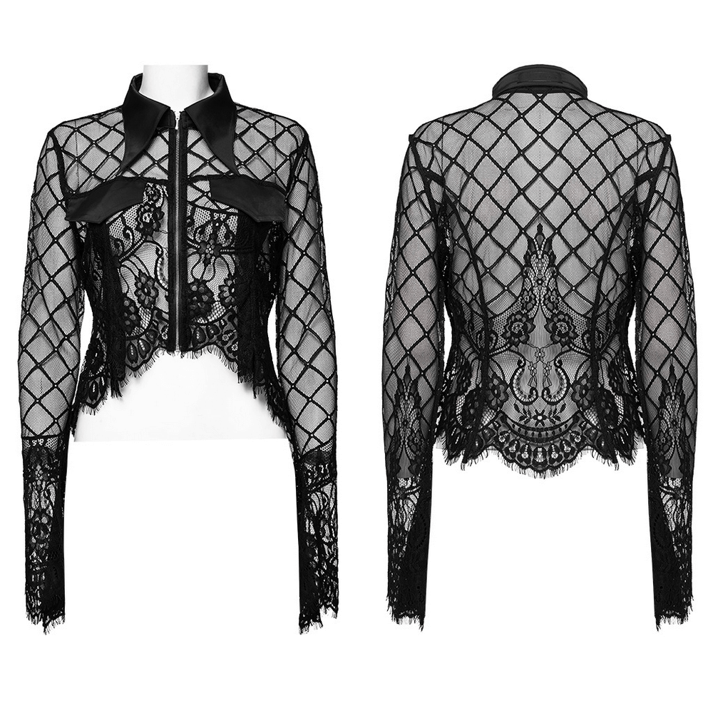 Black Lace Shirt with Stand Collar and Bell Sleeves