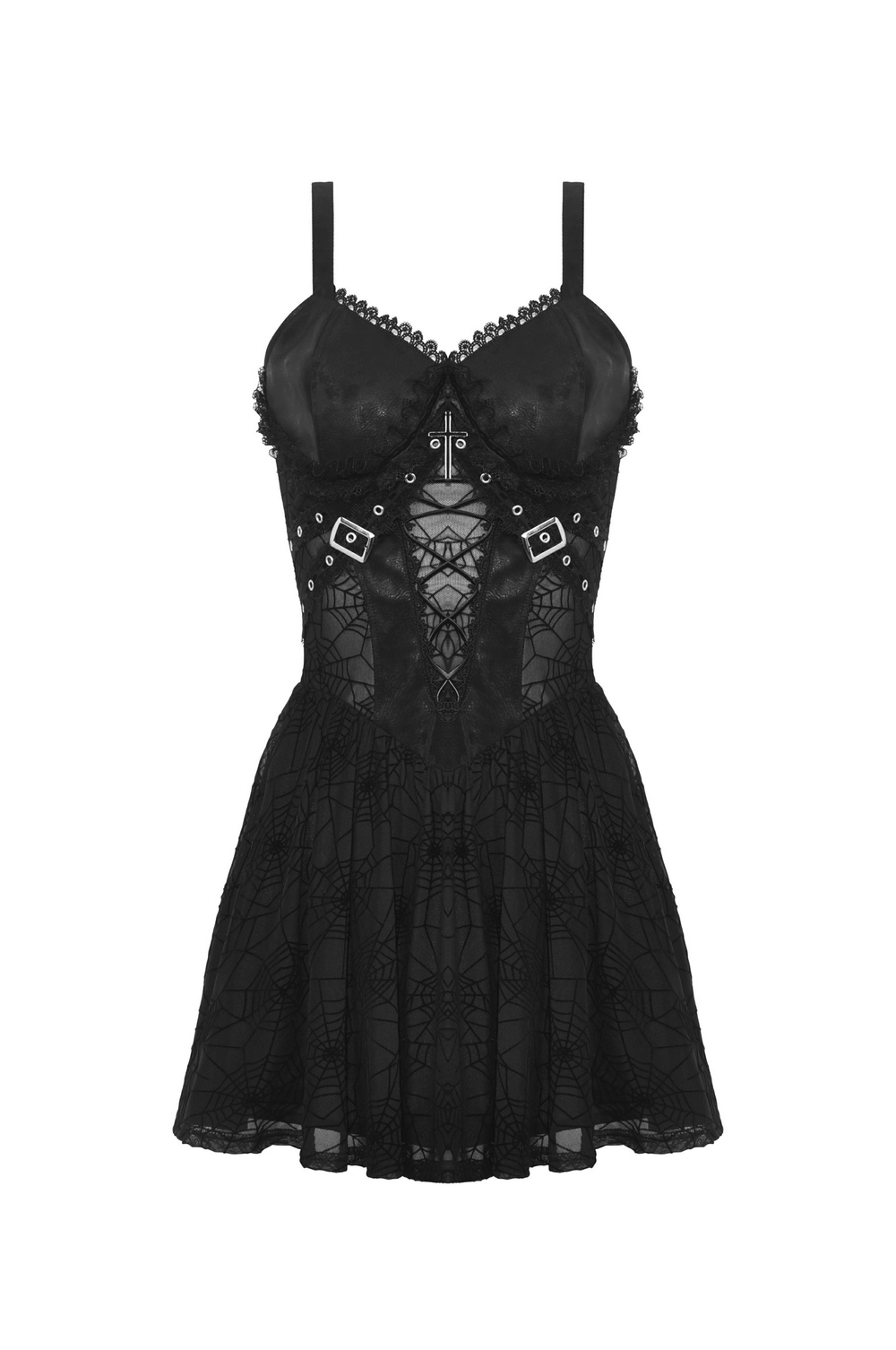 Gothic black lace spiderweb mesh punk suspender dress, perfect for Halloween and cosplay events.