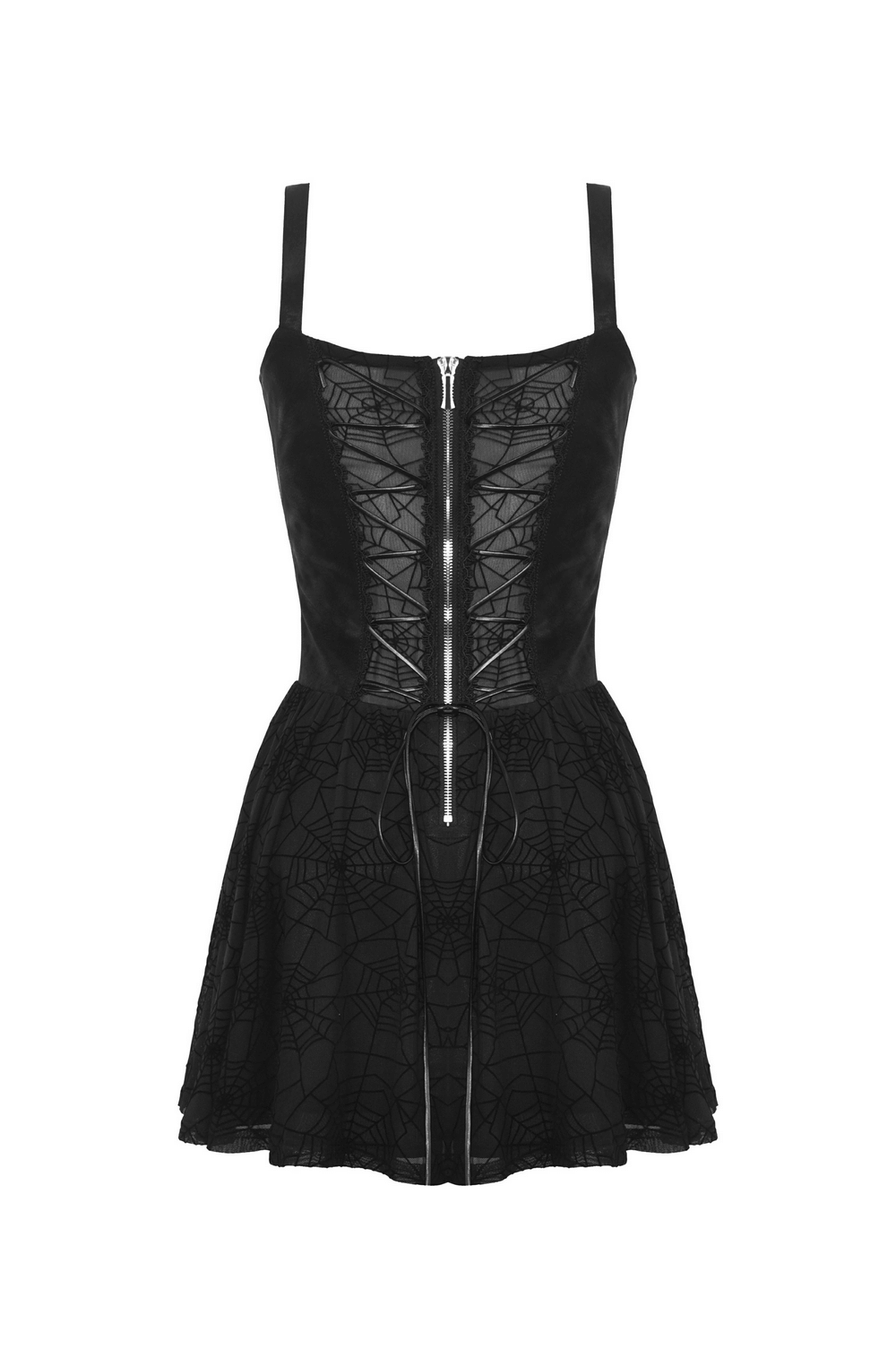 Black lace spiderweb mesh punk suspender dress featuring alluring straps and a stylish zip front for a gothic look.