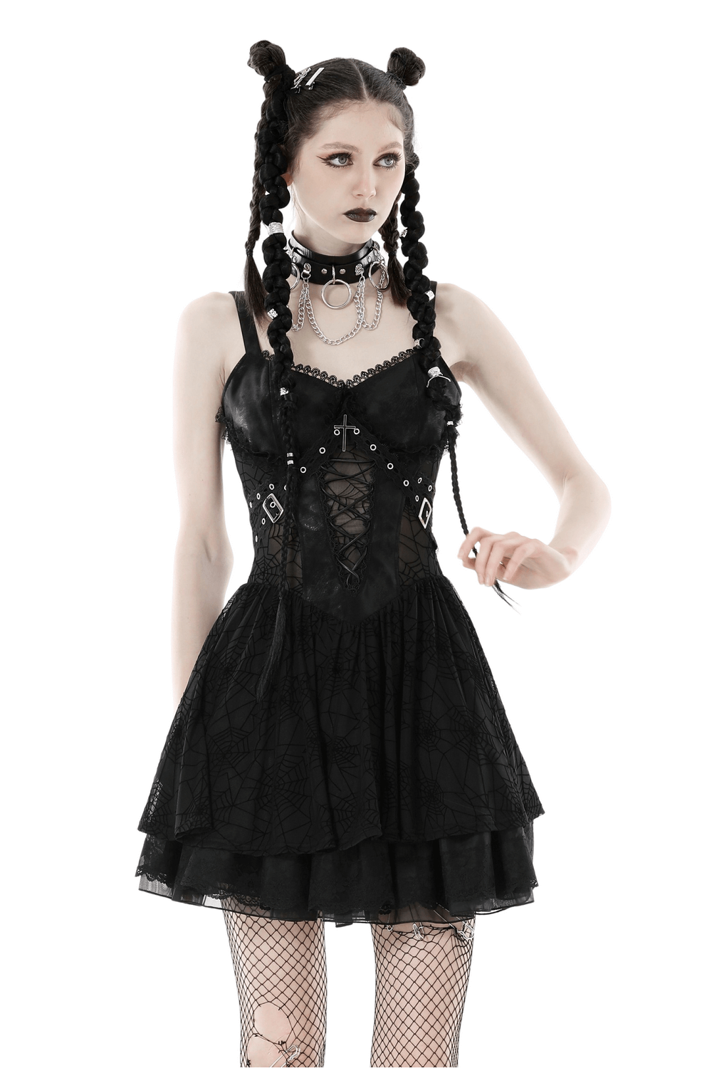 Gothic black lace spiderweb mesh suspender dress with edgy punk style, perfect for Halloween or cosplay events.