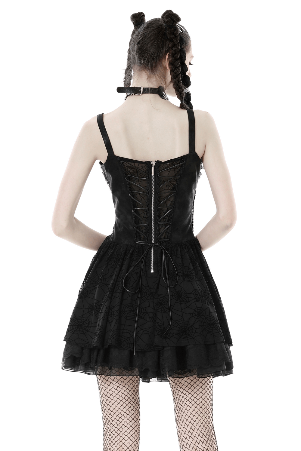 Back view of a Gothic Black Lace Spiderweb Mesh Punk Suspender Dress, highlighting the lace-up design and flared skirt.
