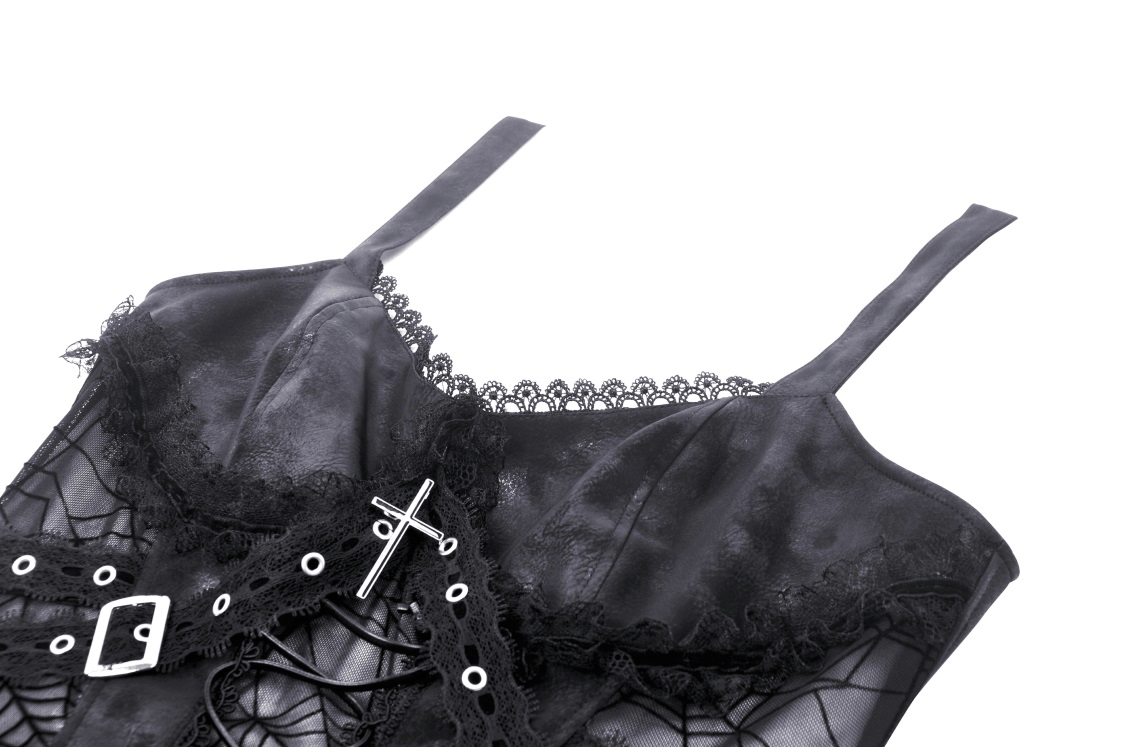 Black lace spiderweb suspender dress with intricate detailing and cross embellishment, perfect for gothic fashion lovers.