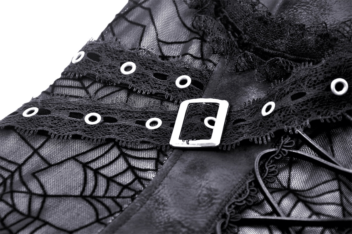 Close-up of black lace with spiderweb pattern and suspender straps on a gothic dress, perfect for Halloween and cosplay.