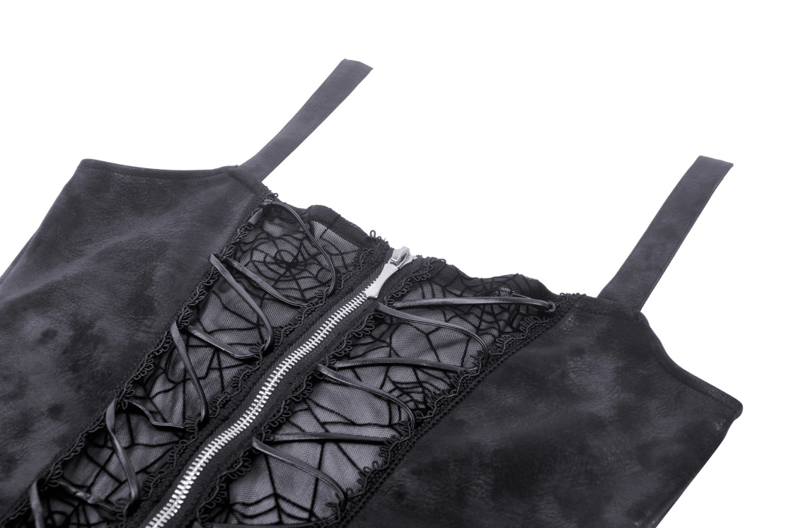 Close-up of black lace spiderweb mesh suspender dress with zipper detail and straps.