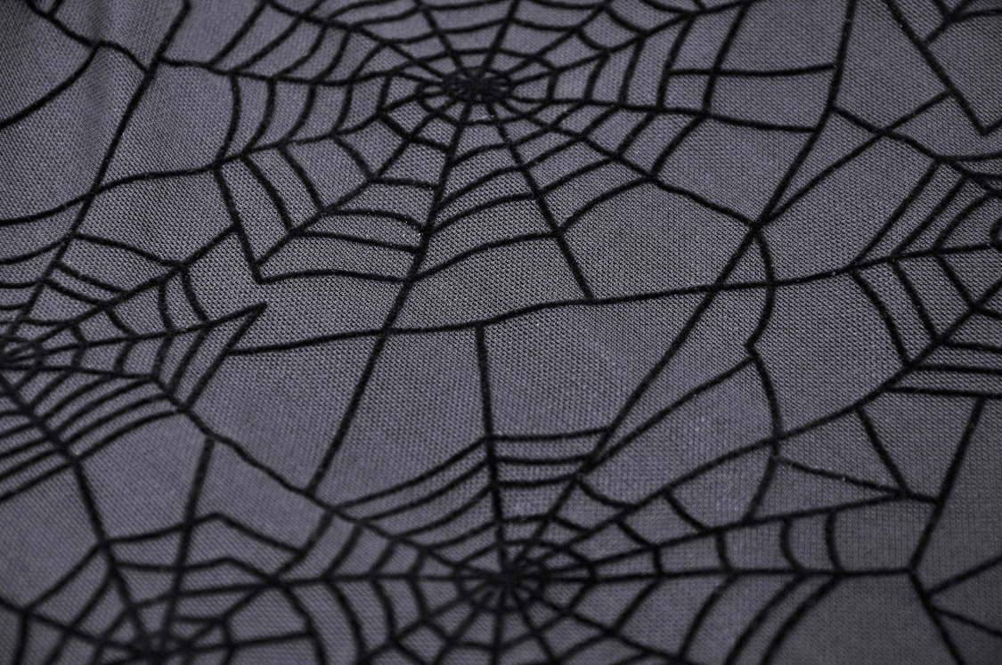 Close-up of black lace fabric with intricate spiderweb pattern, perfect for a gothic dress.