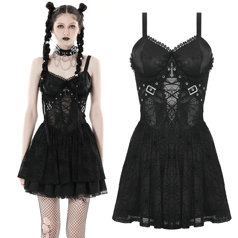 Gothic black lace dress with spiderweb pattern and suspender straps, perfect for Halloween or cosplay.
