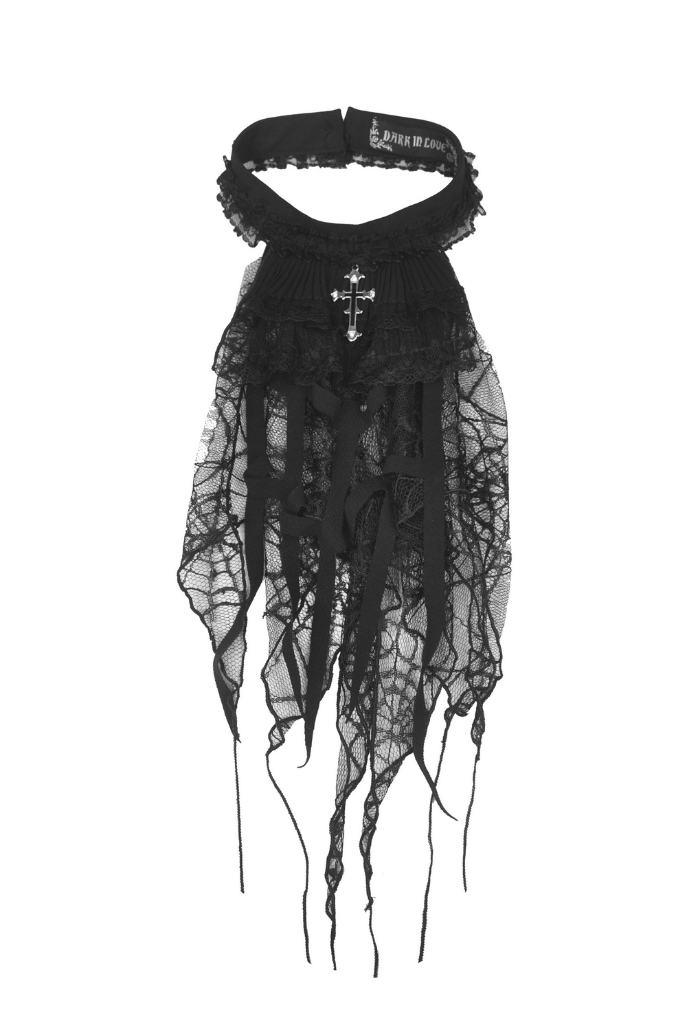Gothic black lace neck tie with spiderweb design and silver cross pendant, perfect for Halloween costumes.