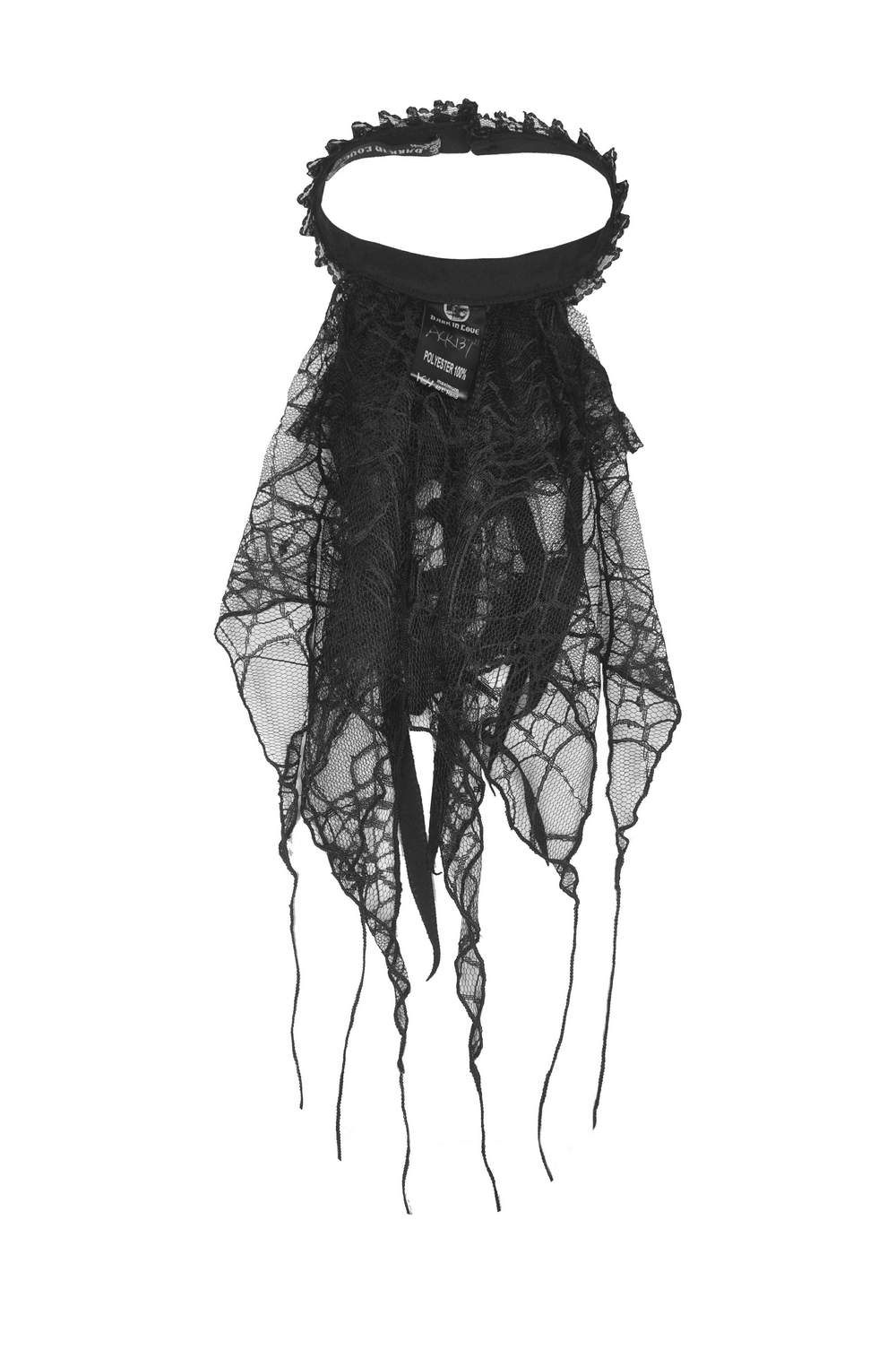 Black lace spiderweb neck tie with silver cross pendant for Halloween costumes and gothic elegance.