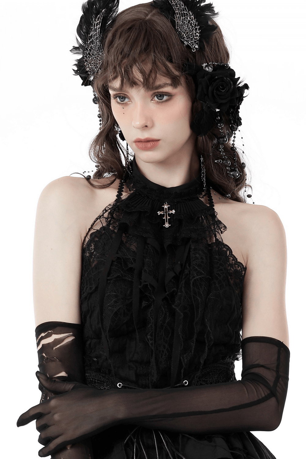 Gothic black lace neck tie with silver cross pendant, perfect for Halloween or elegant costumes.