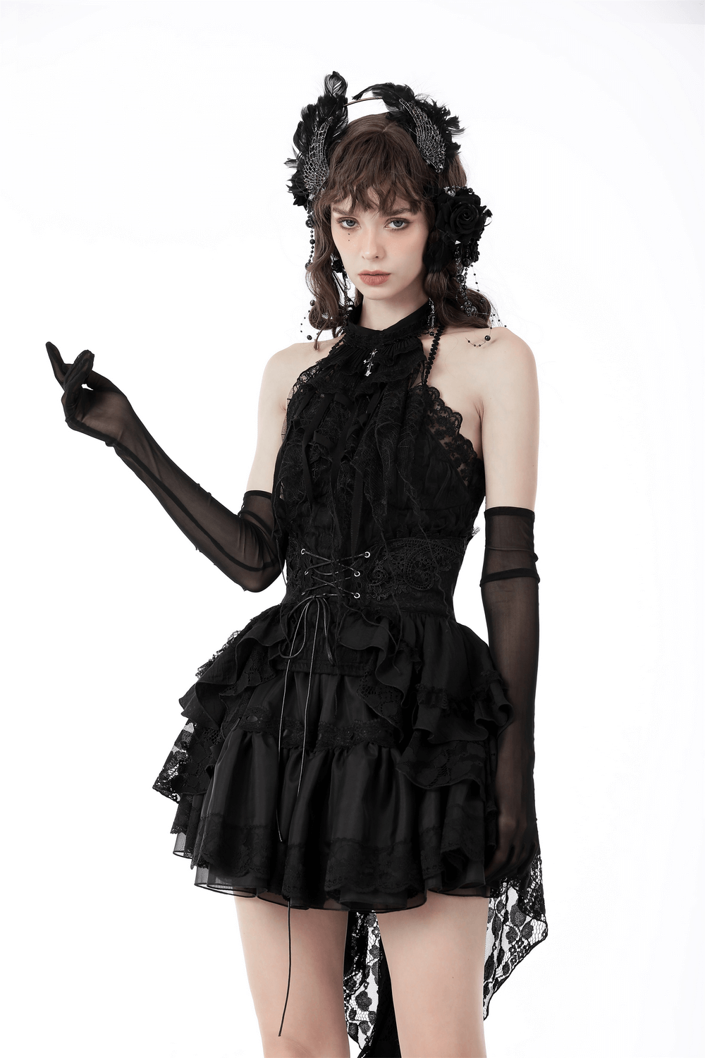 Gothic black lace dress with ruffles and gloves, perfect for Halloween or elegant events.