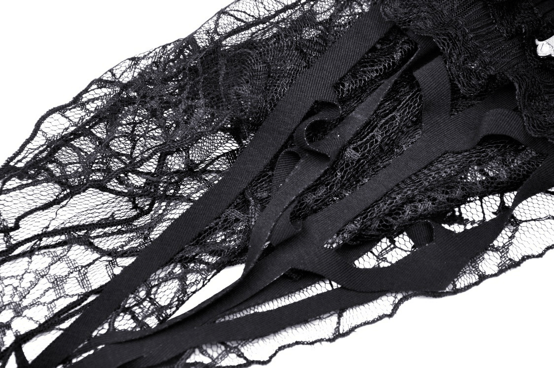 Close-up of intricate black lace fabric ideal for gothic fashion or Halloween costumes.