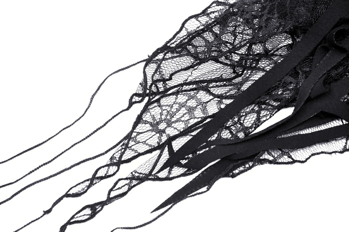 Black Lace Spiderweb Neck Tie With Silver Cross Pendant