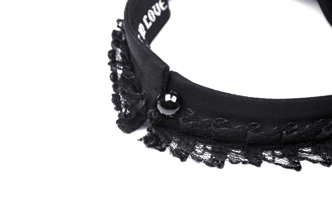 Elegant black lace neck tie with a stunning button detail, perfect for gothic Halloween costumes.