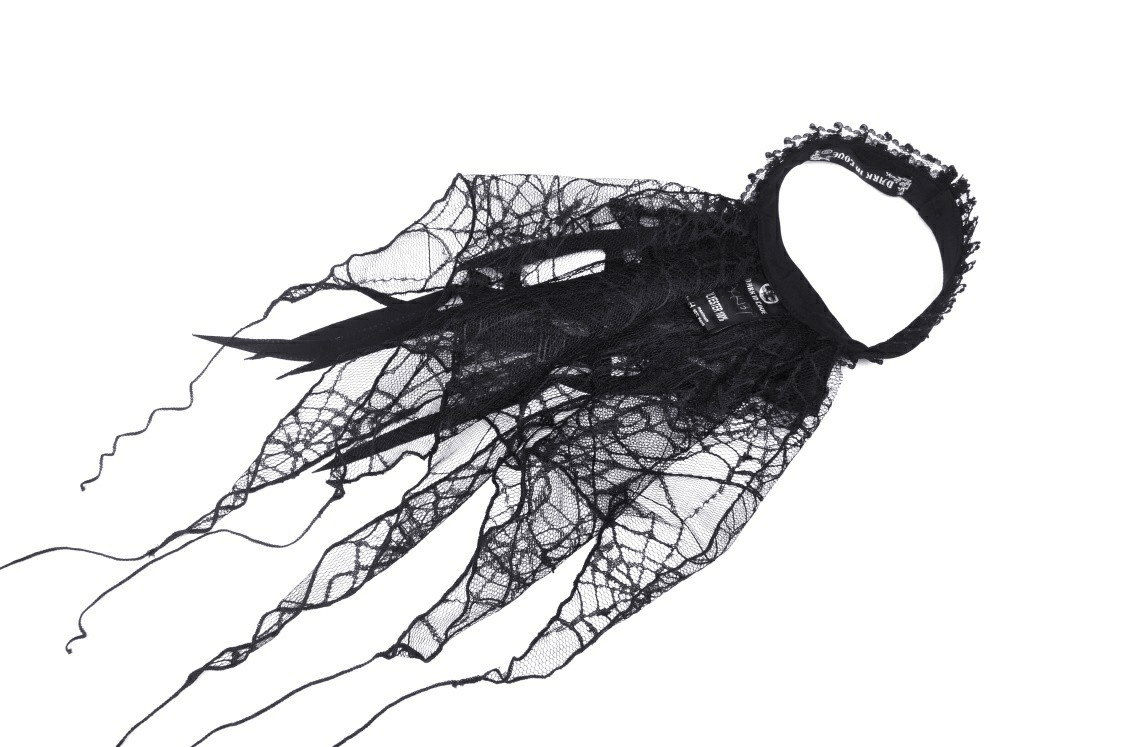 Black Lace Spiderweb Neck Tie With Silver Cross Pendant