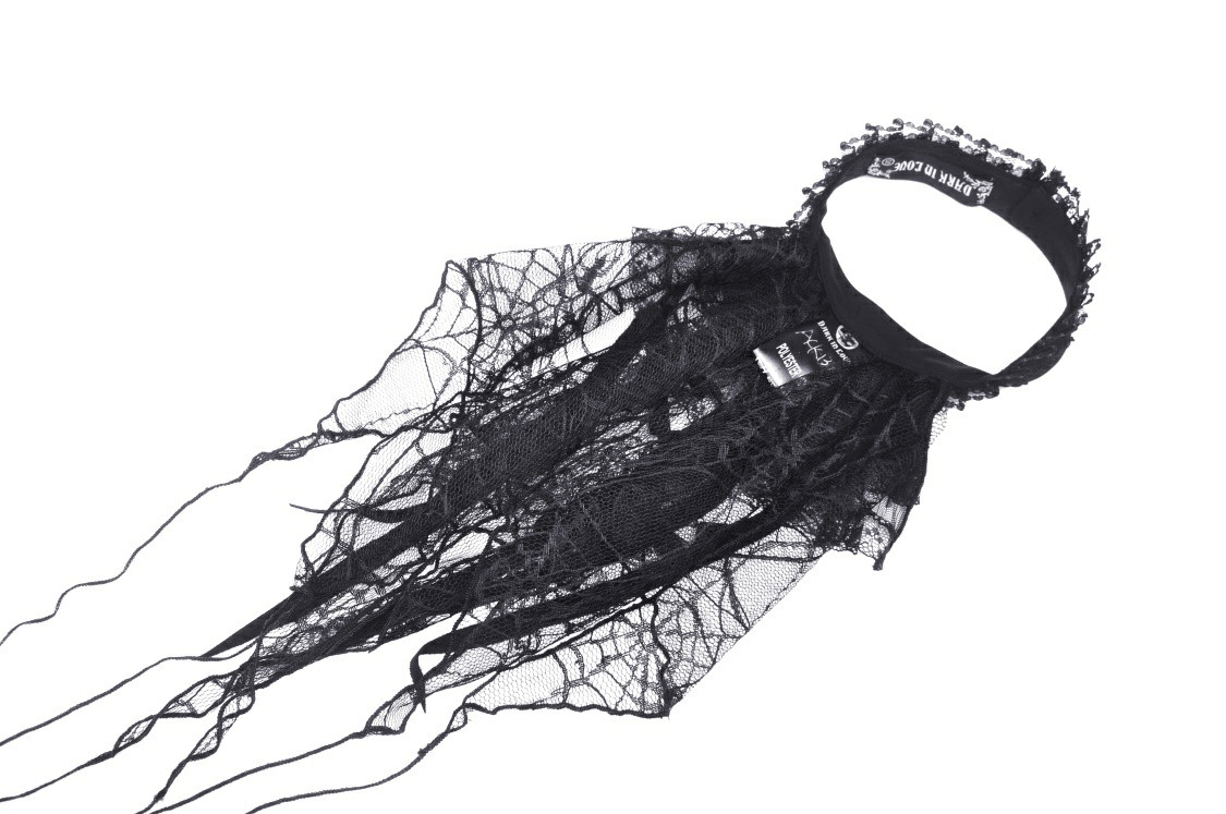 Gothic black lace spiderweb neck tie with silver cross pendant for Halloween.