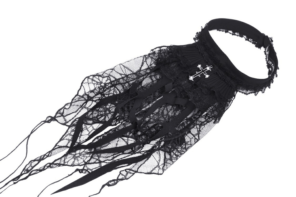 Black lace spiderweb neck tie with silver cross pendant for gothic Halloween costumes.