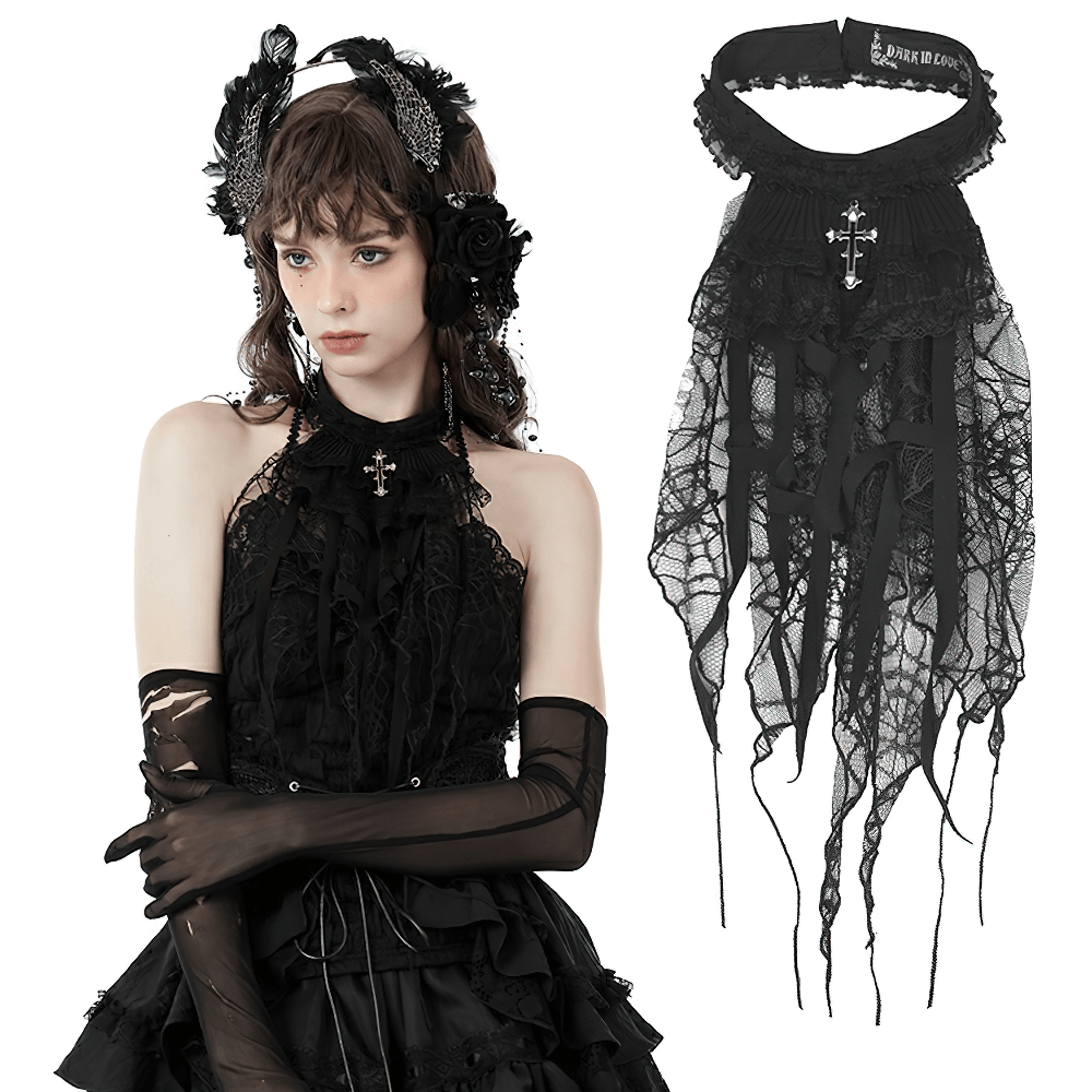 Black lace spiderweb neck tie with silver cross pendant, perfect for gothic Halloween costumes.