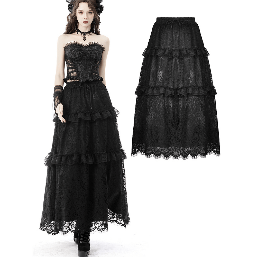 Elegant black lace tiered skirt with frills and adjustable drawstring for a stylish gothic look.