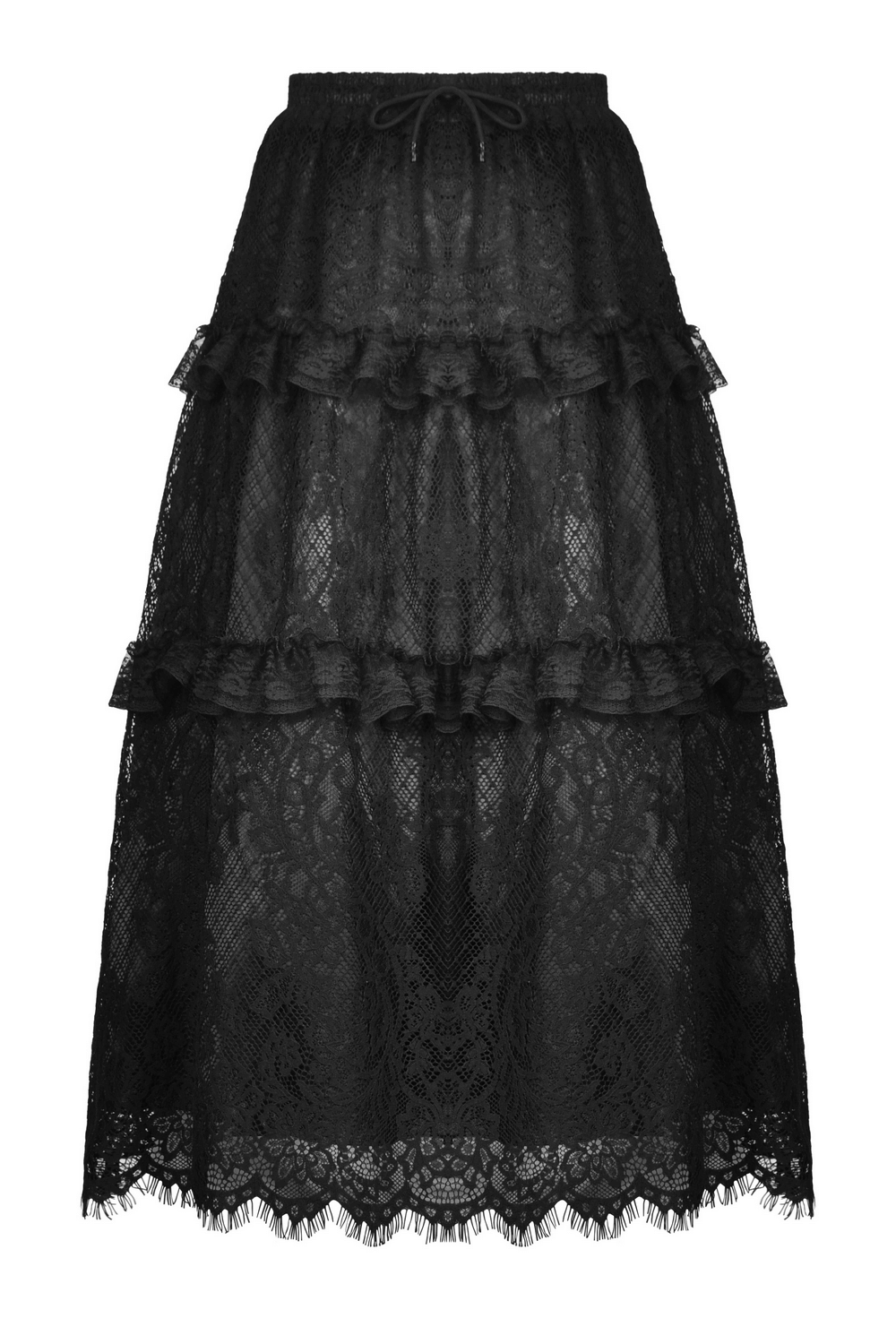 Elegant black lace tiered skirt with frills and drawstring, perfect for stylish occasions and versatile fashion.
