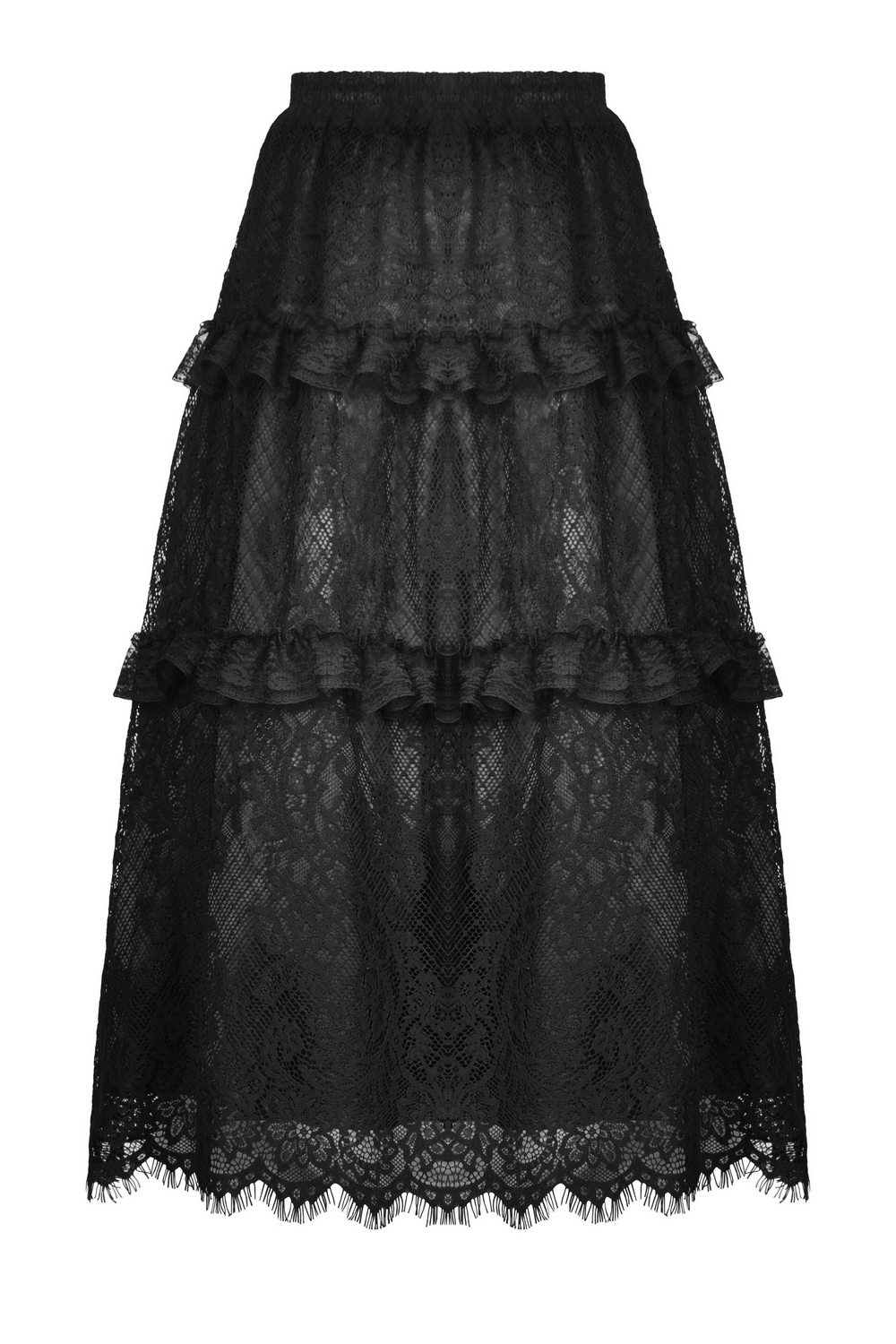 Elegant black lace tiered skirt with frills and drawstring for stylish outfits.