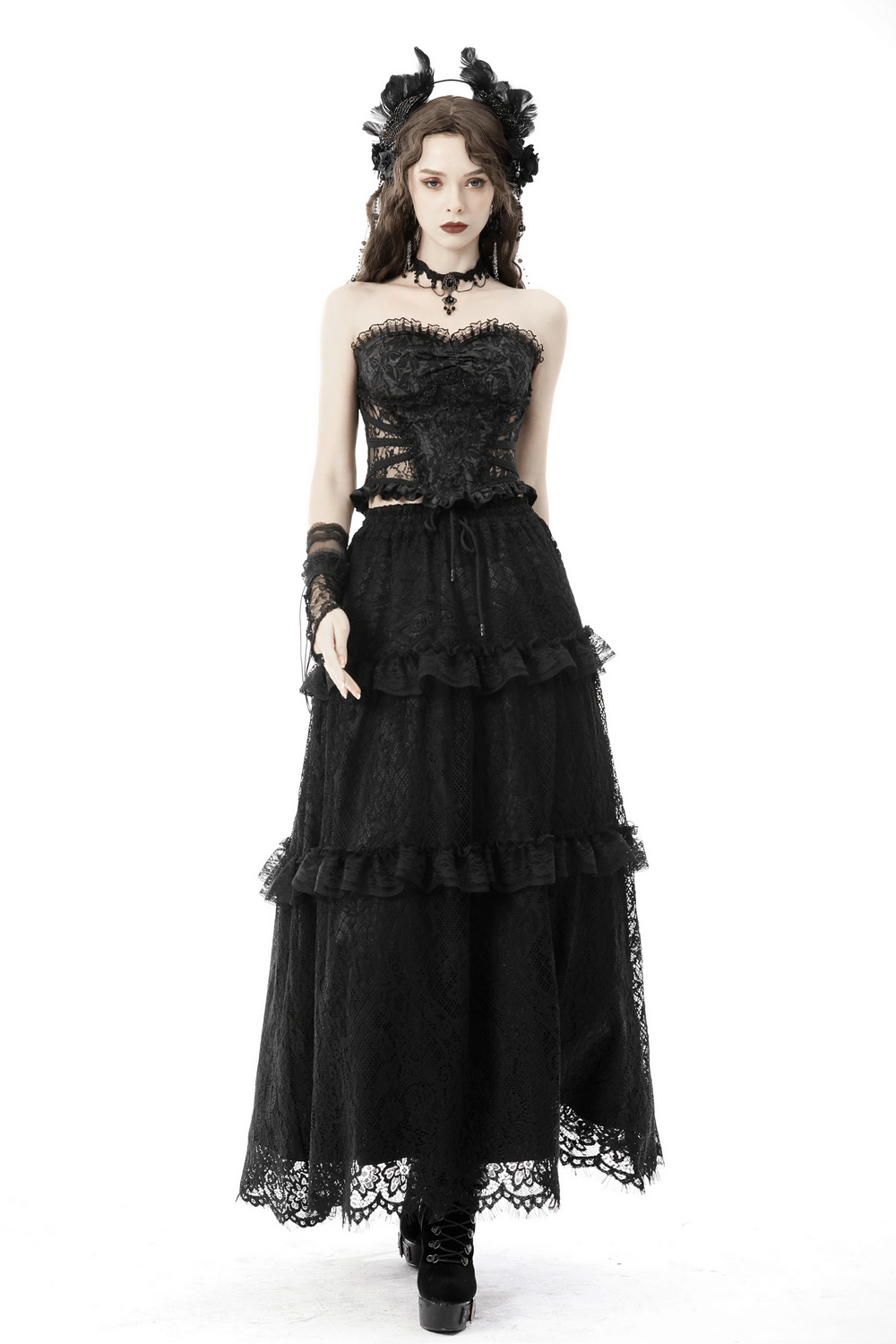 Elegant black lace tiered skirt with frills, cinched with a drawstring, perfect for gothic or formal occasions.