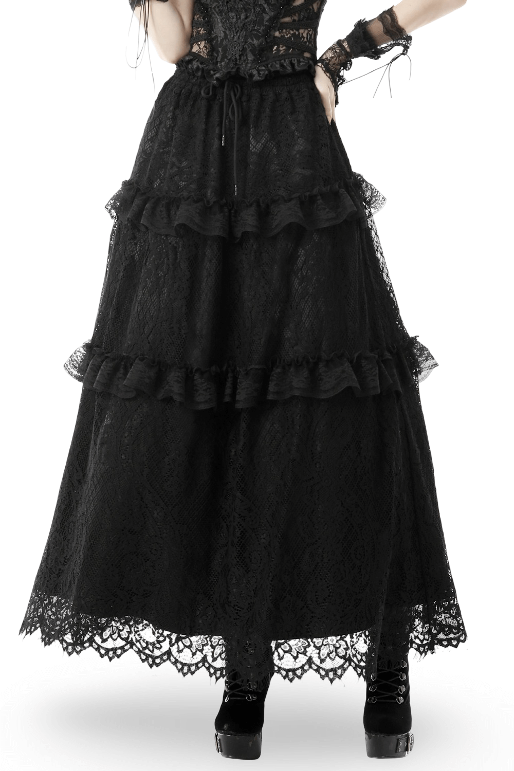 Black lace tiered skirt with frills and drawstring, perfect for a gothic or romantic style.