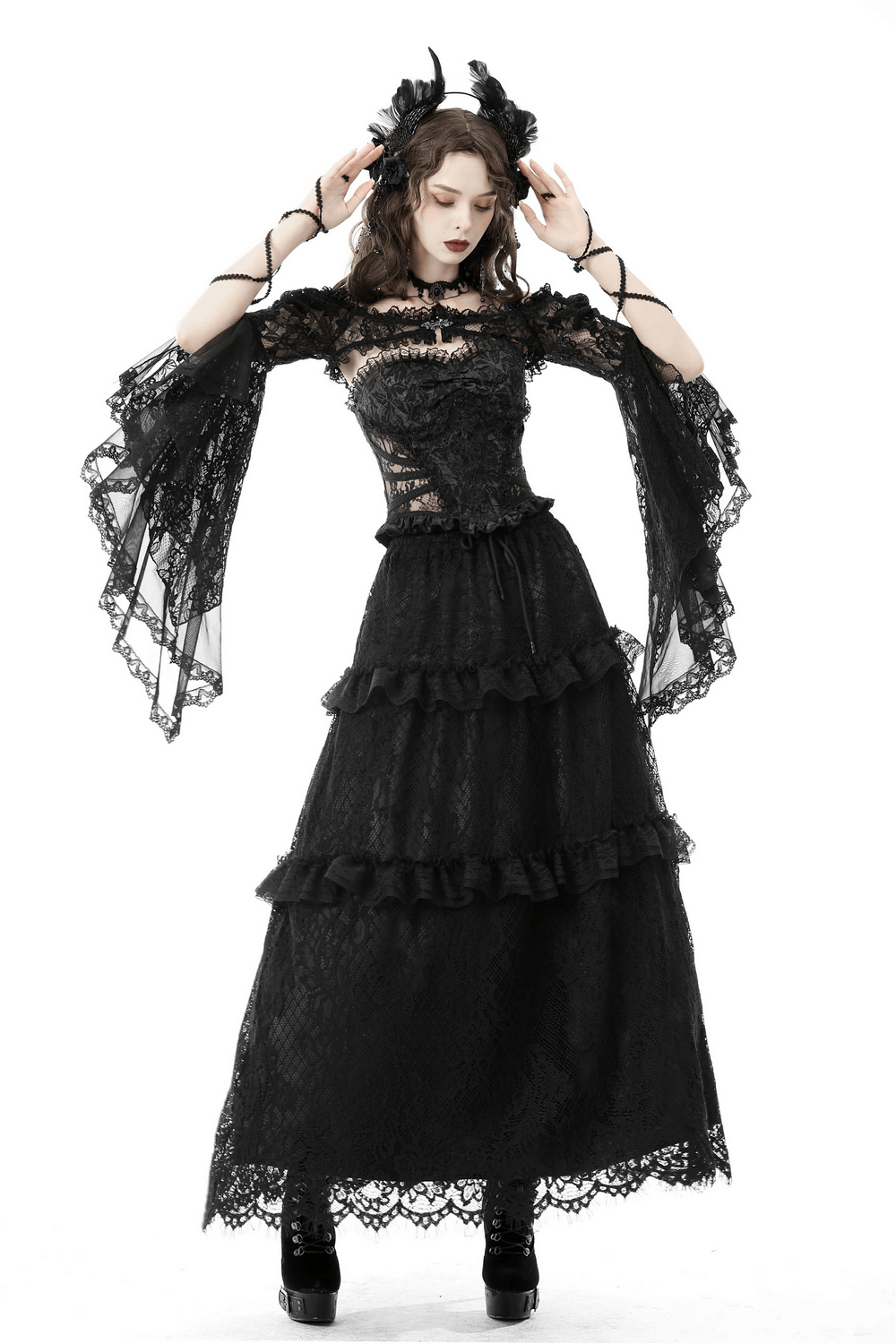 Elegant black lace tiered skirt with frills and drawstring, perfect for gothic fashion enthusiasts.