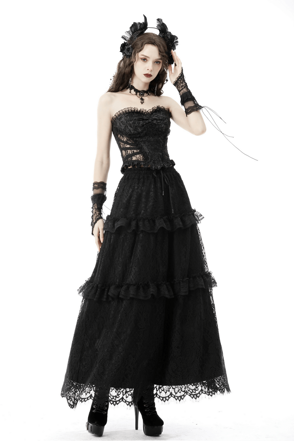 Black lace tiered skirt with frills and drawstring, perfect for gothic and elegant looks.