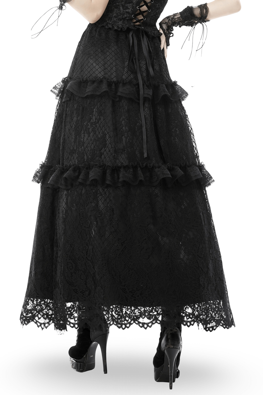 Elegant black lace tiered skirt with frills, featuring a stylish drawstring and sophisticated design.