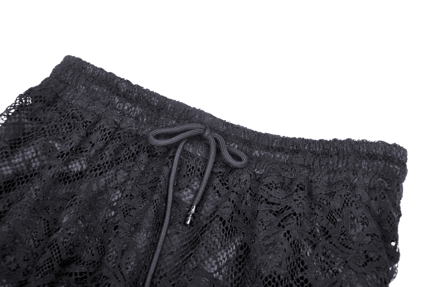 Black lace tiered skirt featuring frills and a drawstring detail for a trendy, feminine look.