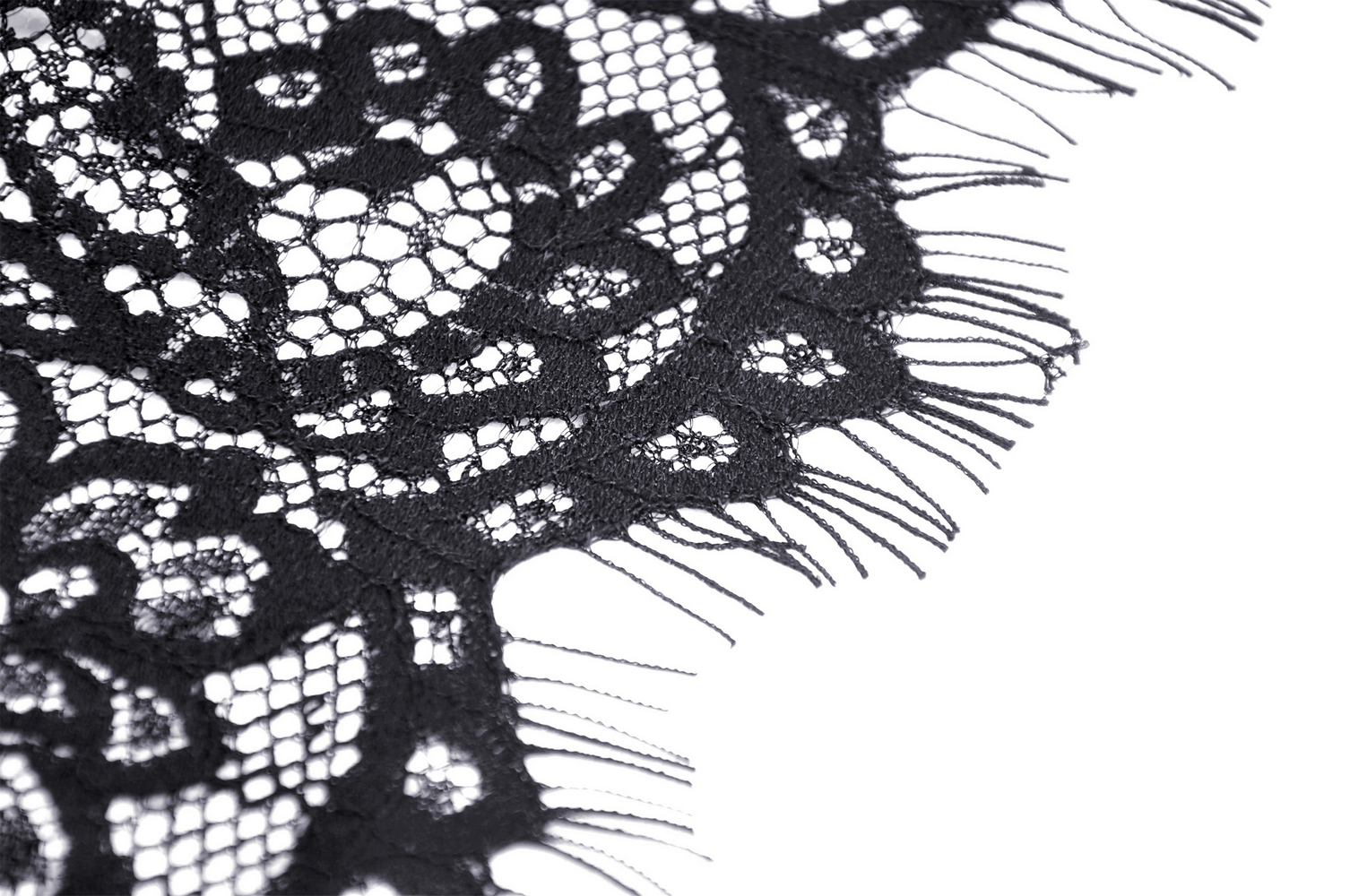 Close-up of elegant black lace fabric showcasing intricate patterns and delicate frills.
