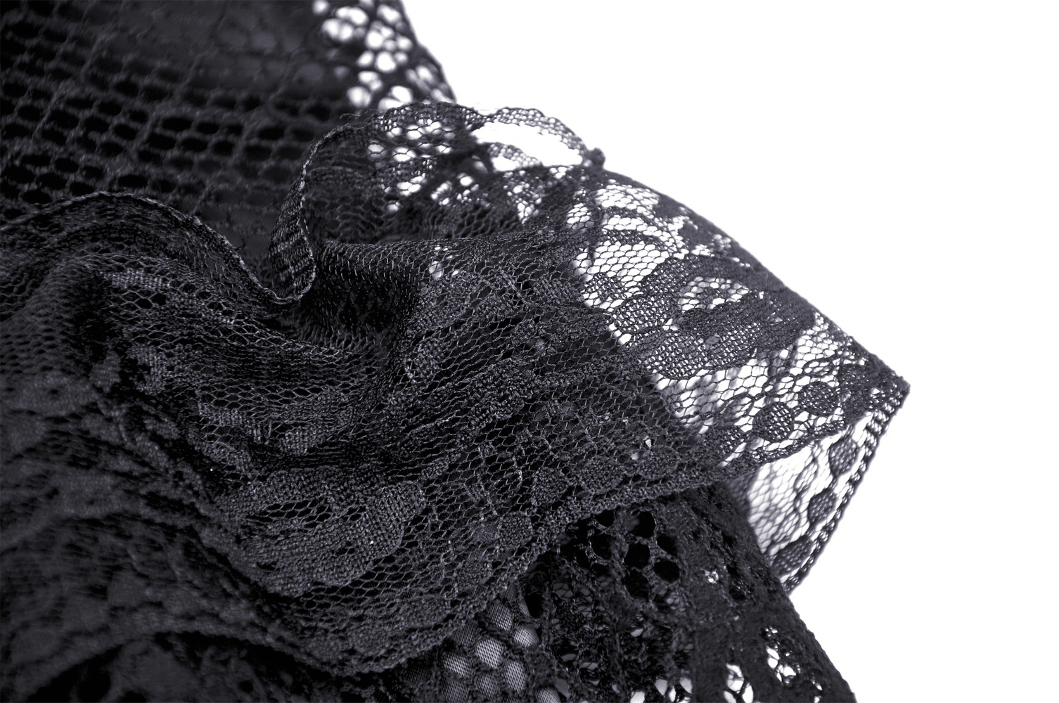 Close-up of elegant black lace showcasing frills and intricate patterns on a tiered skirt.
