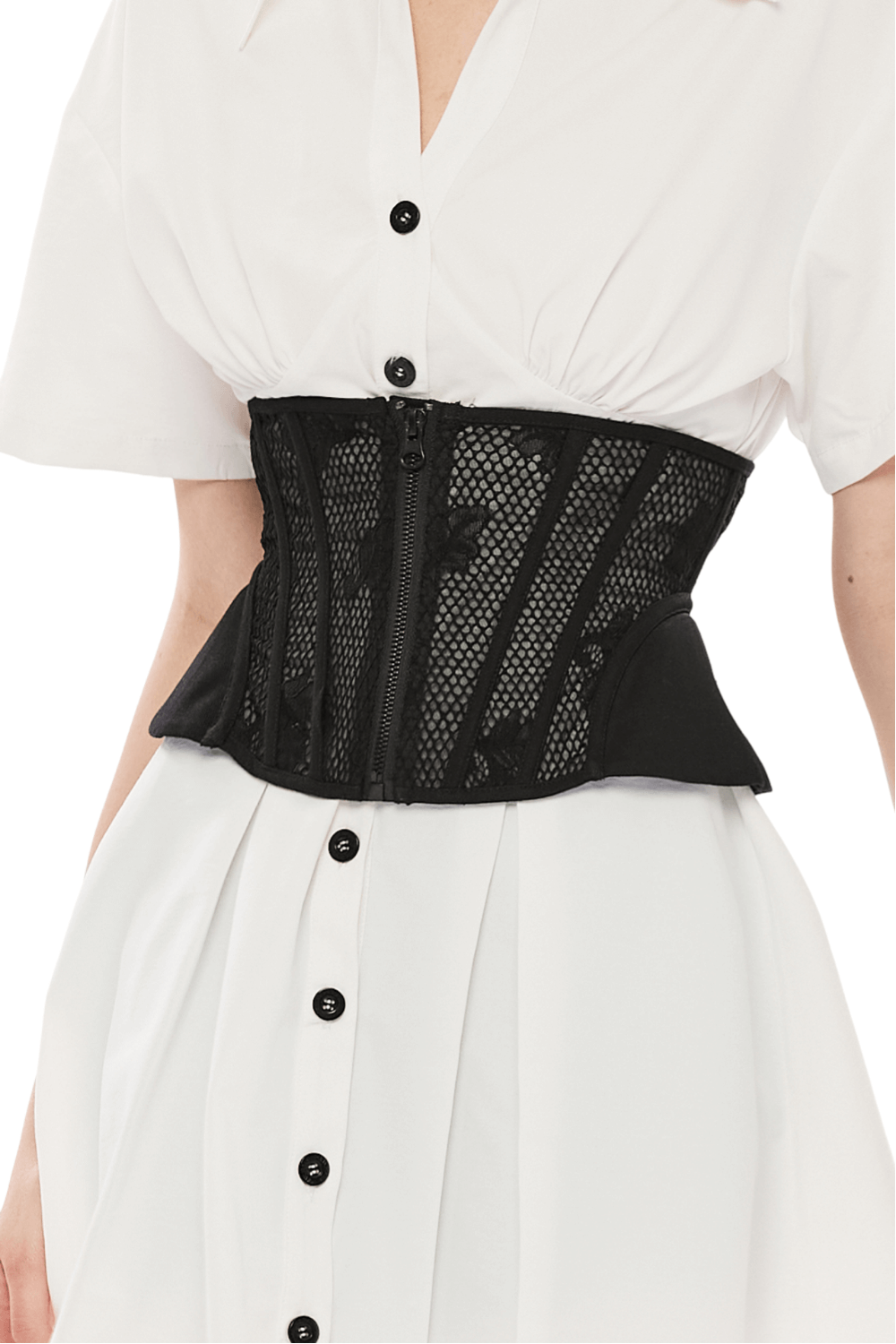 Elegant black lace-up cincher corset with mesh panels over a white button-up dress.