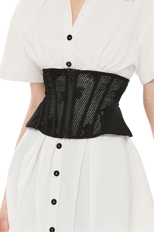 Schwarzes Cincher-Korsett mit Schnürung und Mesh-Einsätzen