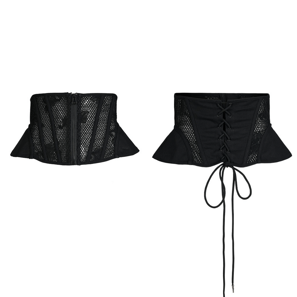 Elegant black lace-up cincher corset with mesh panels and smooth zipper for a tailored fit.