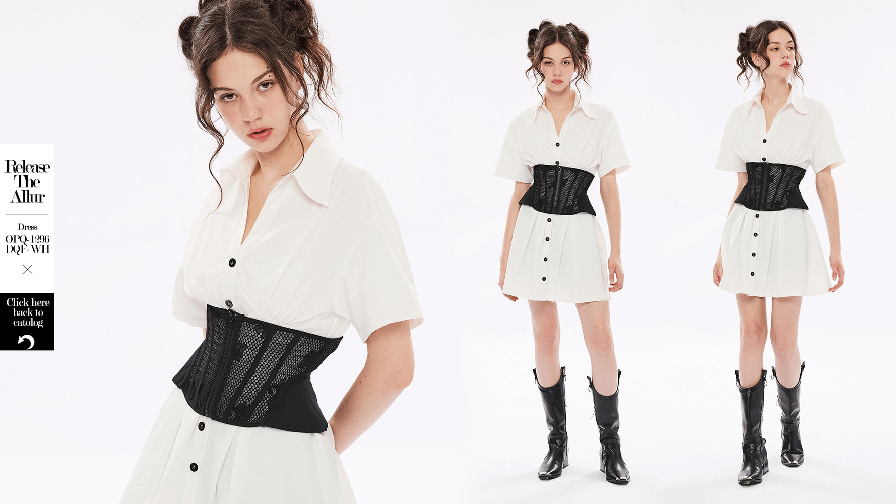 Model showcasing a Black Lace-Up Cincher Corset over a white dress, highlighting its unique design and tailored fit.