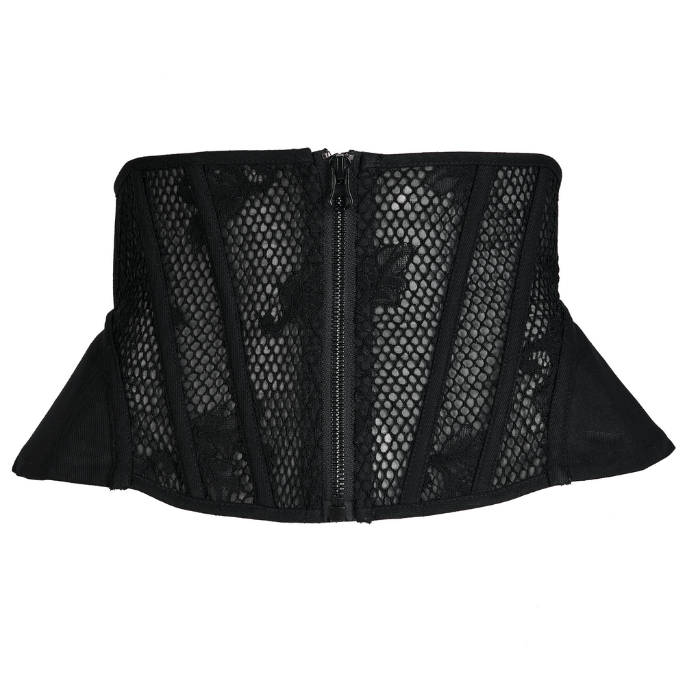 Black Lace-Up Cincher Corset with Mesh Panels
