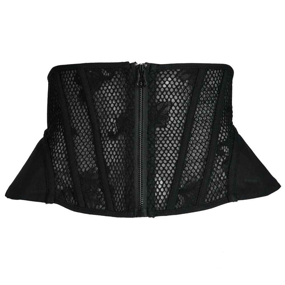 Black lace-up cincher corset with elegant mesh panels and smooth front zipper for effortless styling.