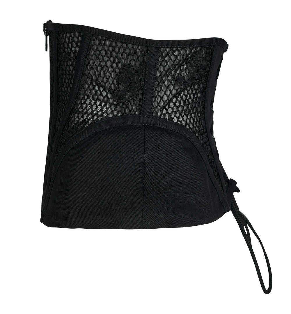 Elegant black lace-up cincher corset with mesh panels and adjustable drawstring for a perfect fit.