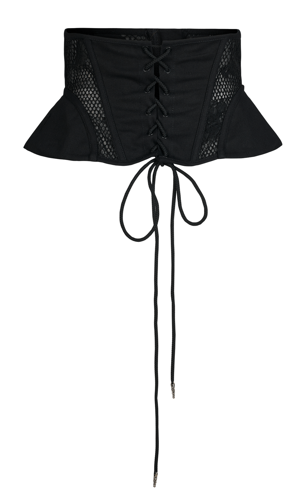 Black lace-up cincher corset with mesh panels and adjustable drawstring for a tailored fit.