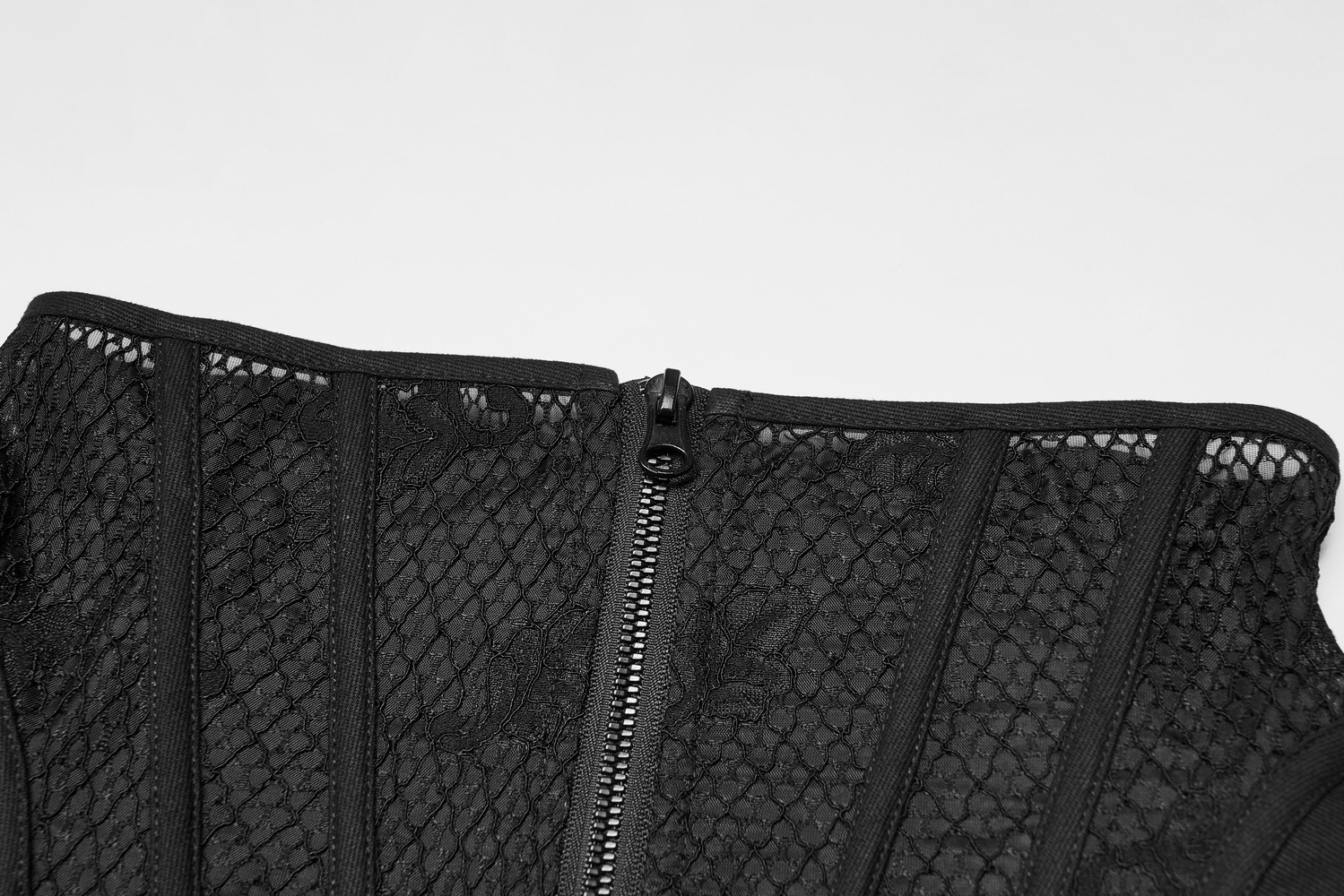 Close-up of the Black Lace-Up Cincher Corset with mesh panels and smooth zipper detail, showcasing elegance and style.