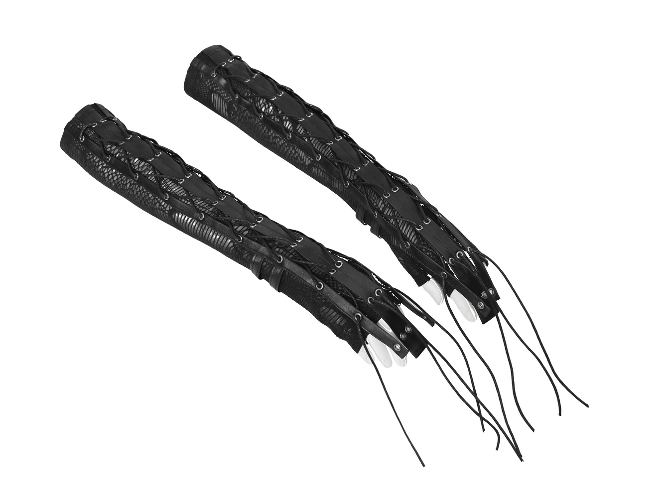 Black Lace-Up Gothic Arm Warmers with Mesh Panels displayed in a stylish arrangement, showcasing their intricate design.