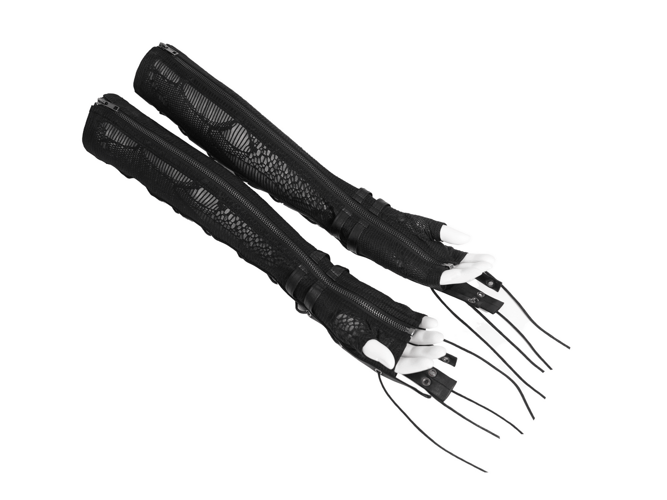 Black Lace-Up Gothic Arm Warmers with Mesh Panels displayed side by side, showcasing intricate design and structure.