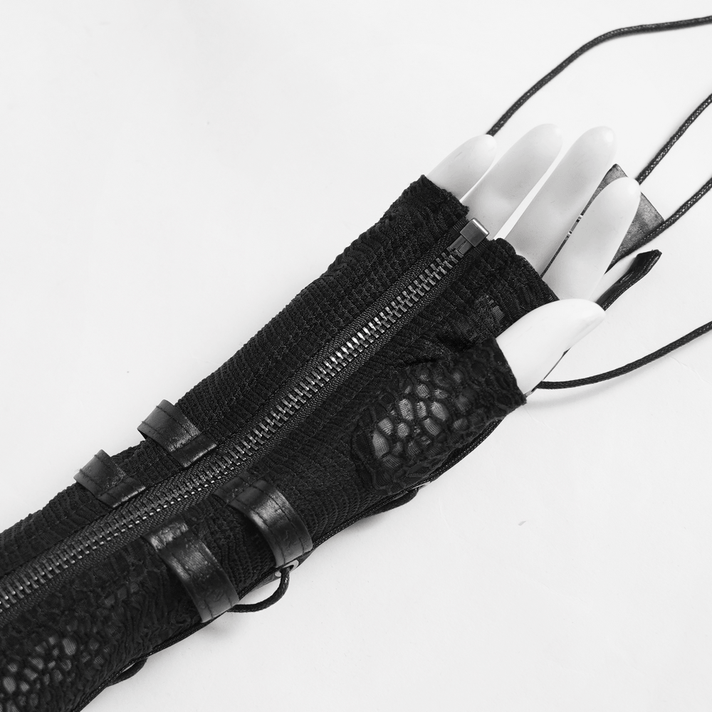 Black Lace-Up Gothic Arm Warmers with Mesh Panels showcasing intricate design and style.