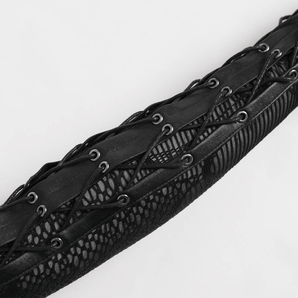 Close-up of Black Lace-Up Gothic Arm Warmers with Mesh Panels showcasing intricate lace and mesh design.