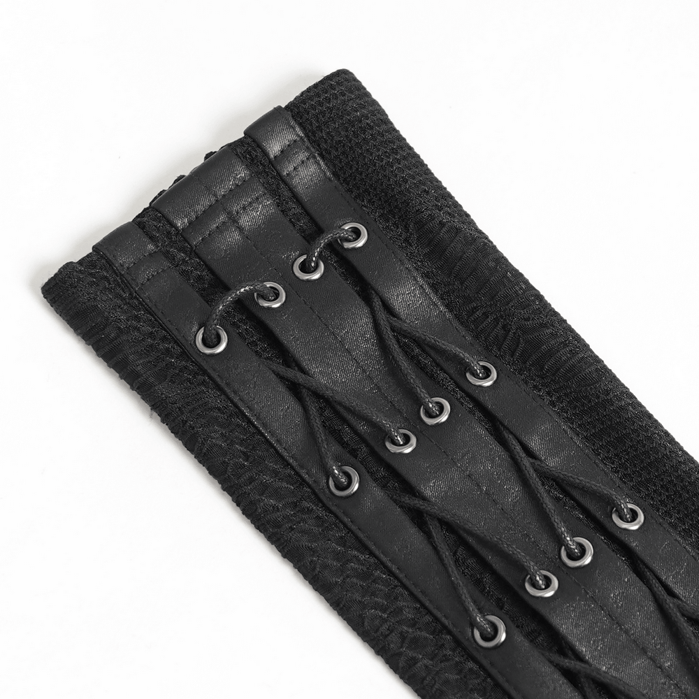 Close-up of Black Lace-Up Gothic Arm Warmers with Mesh Panels, featuring intricate lacing and stylish textures.