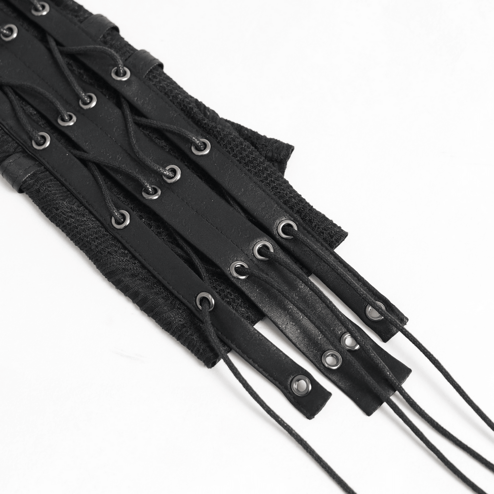 Black Lace-Up Gothic Arm Warmers with Mesh Panels showcasing intricate lacing and stylish design details.