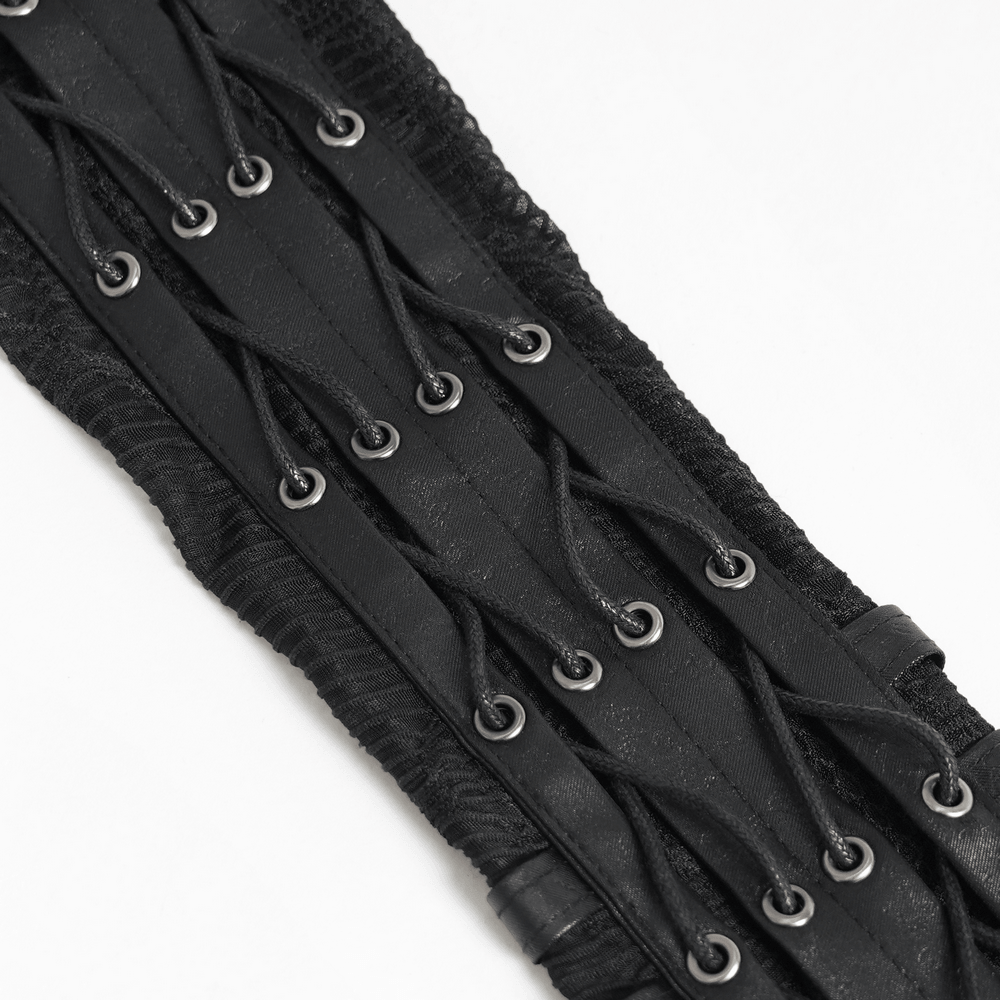 Black Lace-Up Gothic Arm Warmers with Mesh Panels showcasing intricate lacing details in black fabric.